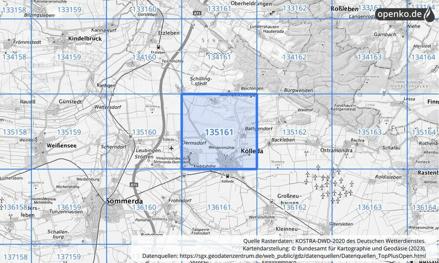 Übersichtskarte des KOSTRA-DWD-2020-Rasterfeldes Nr. 135161