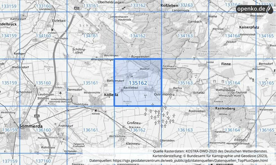 Übersichtskarte des KOSTRA-DWD-2020-Rasterfeldes Nr. 135162