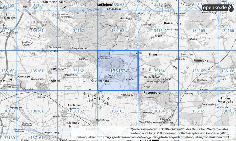 Übersichtskarte des KOSTRA-DWD-2020-Rasterfeldes Nr. 135163