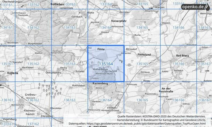 Übersichtskarte des KOSTRA-DWD-2020-Rasterfeldes Nr. 135164