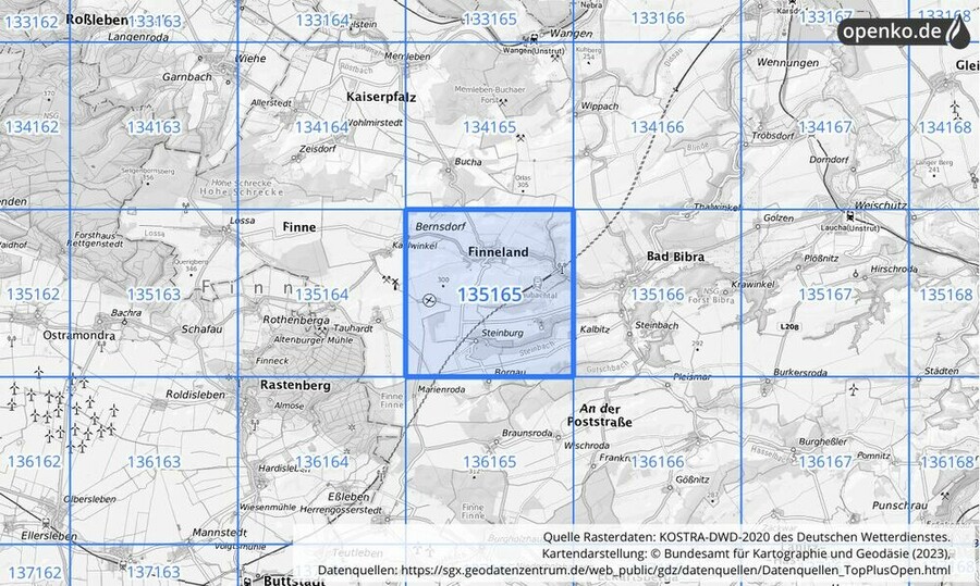 Übersichtskarte des KOSTRA-DWD-2020-Rasterfeldes Nr. 135165