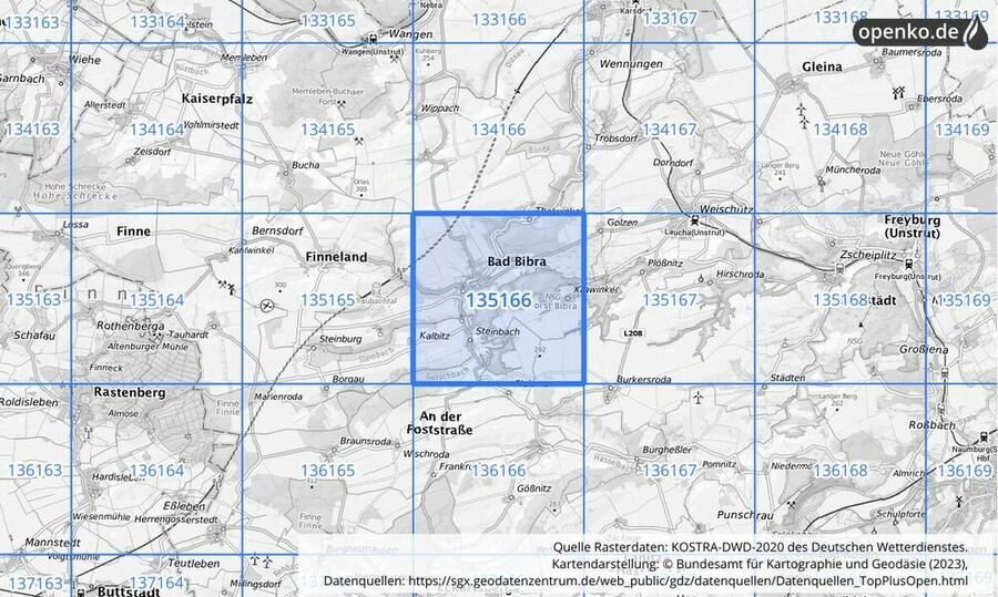 Übersichtskarte des KOSTRA-DWD-2020-Rasterfeldes Nr. 135166