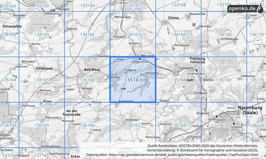 Übersichtskarte des KOSTRA-DWD-2020-Rasterfeldes Nr. 135167