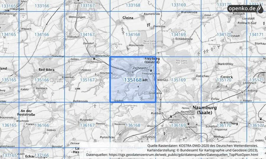 Übersichtskarte des KOSTRA-DWD-2020-Rasterfeldes Nr. 135168