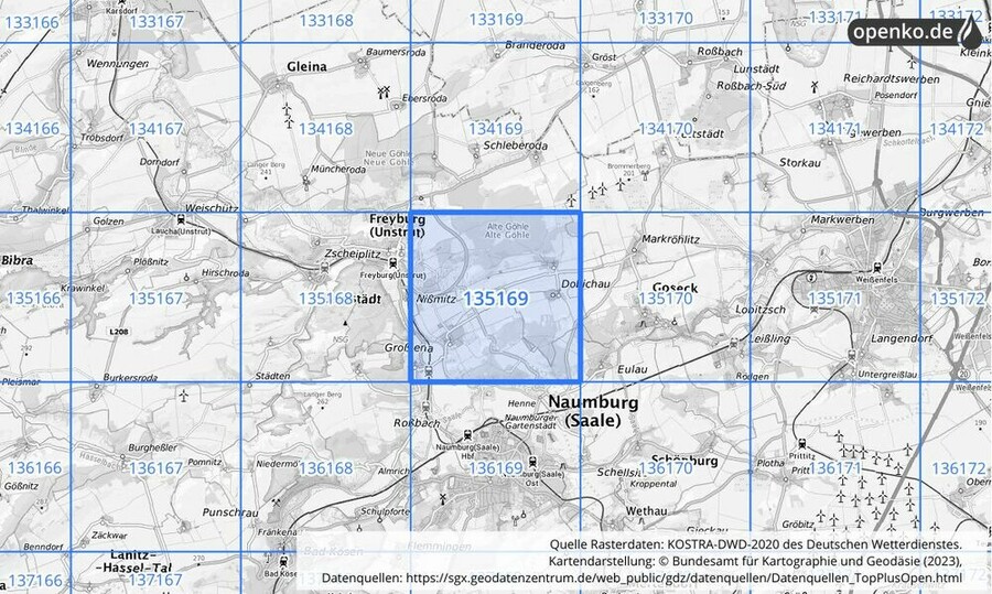 Übersichtskarte des KOSTRA-DWD-2020-Rasterfeldes Nr. 135169