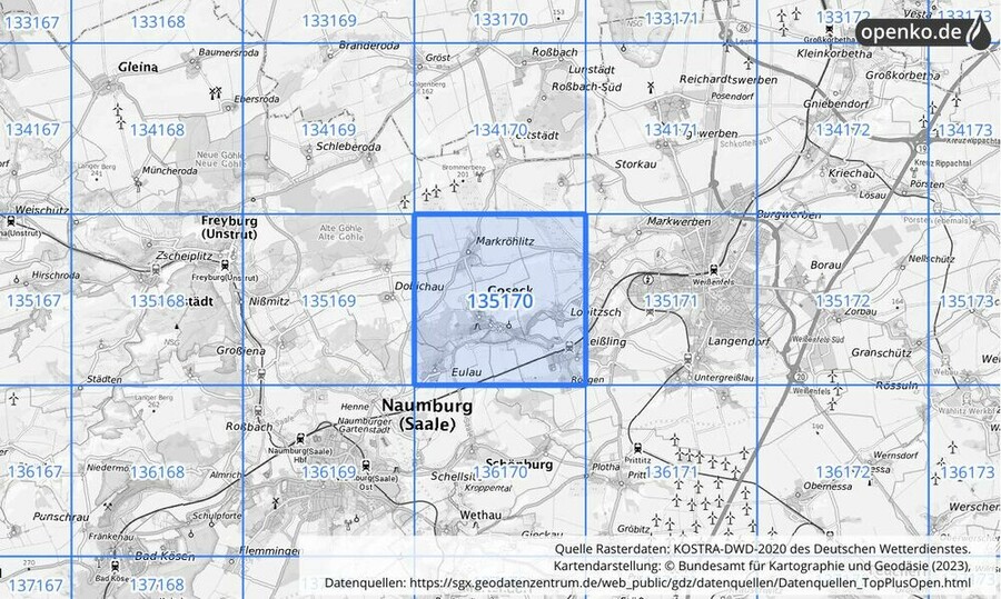 Übersichtskarte des KOSTRA-DWD-2020-Rasterfeldes Nr. 135170