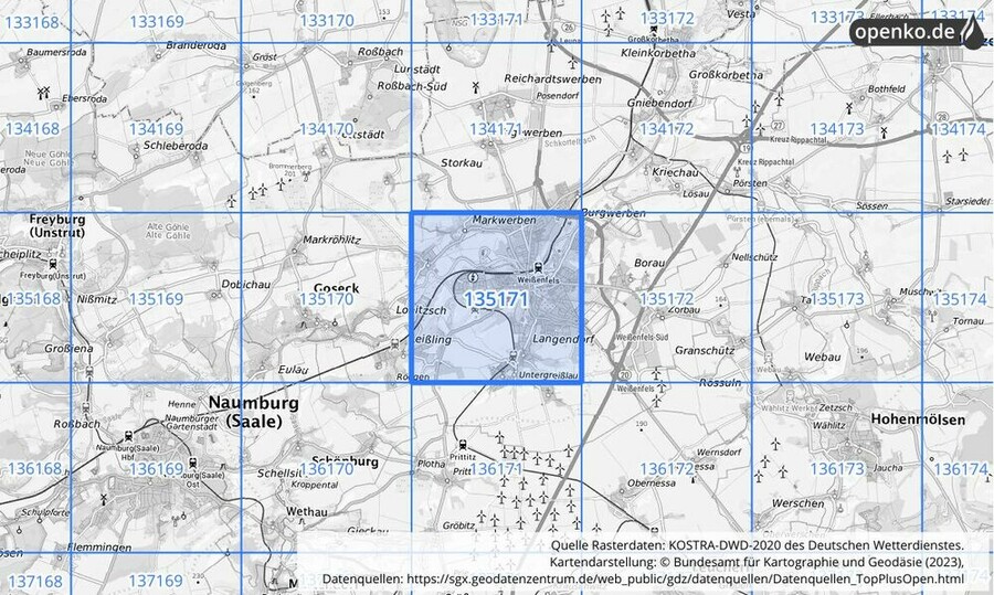 Übersichtskarte des KOSTRA-DWD-2020-Rasterfeldes Nr. 135171