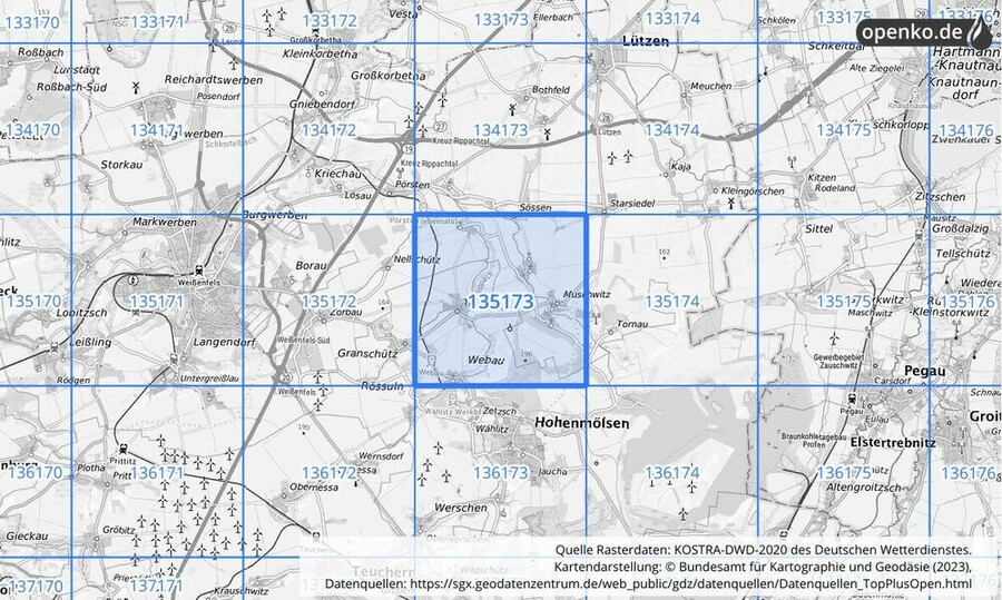 Übersichtskarte des KOSTRA-DWD-2020-Rasterfeldes Nr. 135173