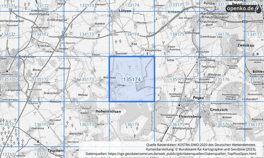 Übersichtskarte des KOSTRA-DWD-2020-Rasterfeldes Nr. 135174