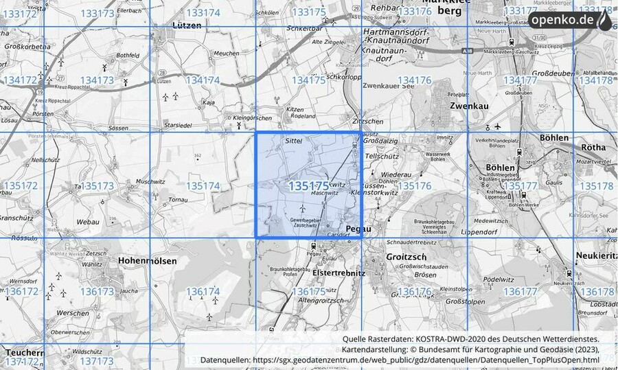 Übersichtskarte des KOSTRA-DWD-2020-Rasterfeldes Nr. 135175