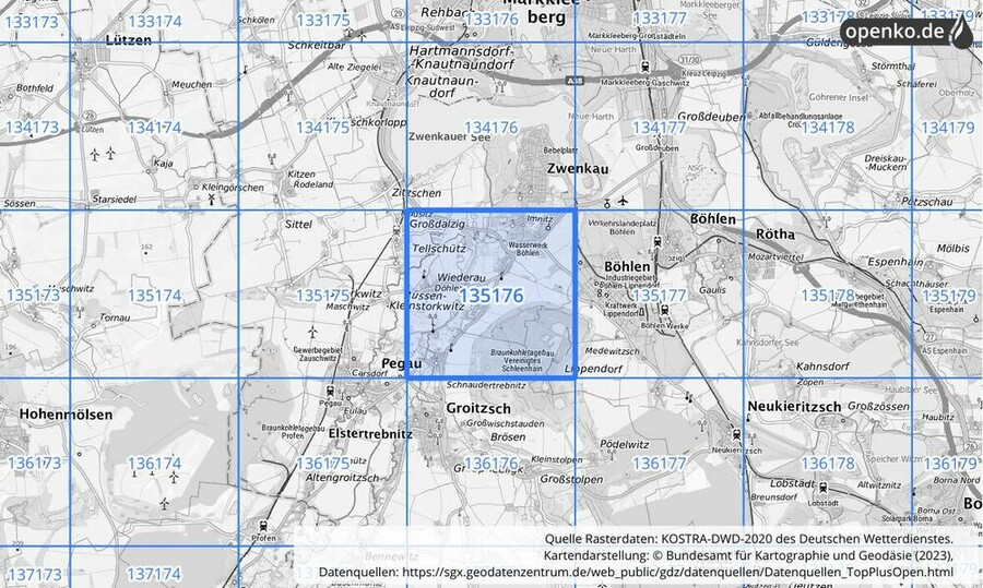 Übersichtskarte des KOSTRA-DWD-2020-Rasterfeldes Nr. 135176