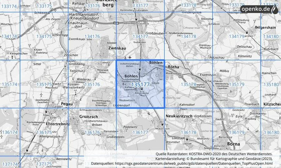 Übersichtskarte des KOSTRA-DWD-2020-Rasterfeldes Nr. 135177