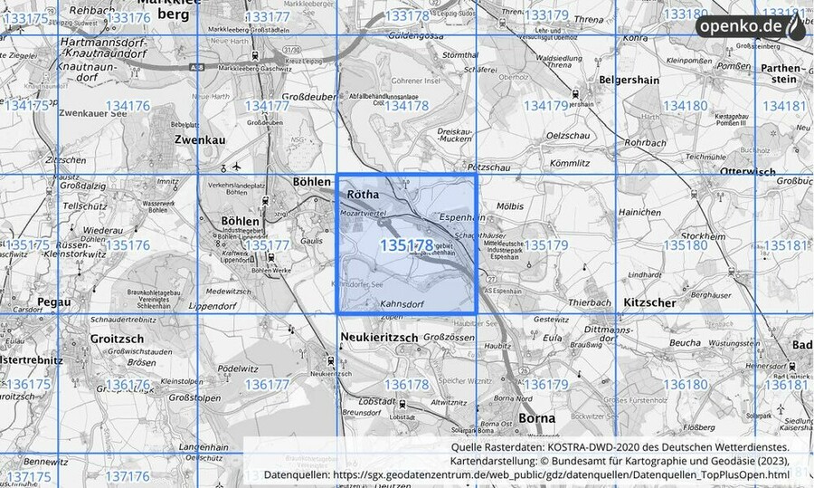 Übersichtskarte des KOSTRA-DWD-2020-Rasterfeldes Nr. 135178