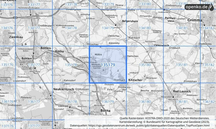 Übersichtskarte des KOSTRA-DWD-2020-Rasterfeldes Nr. 135179