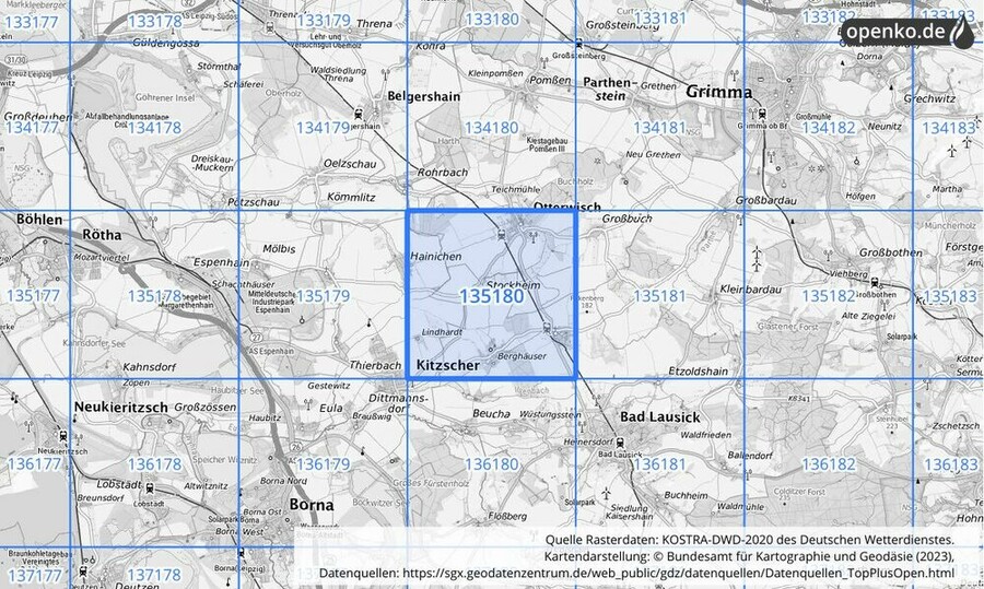 Übersichtskarte des KOSTRA-DWD-2020-Rasterfeldes Nr. 135180