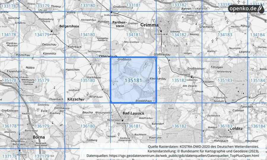 Übersichtskarte des KOSTRA-DWD-2020-Rasterfeldes Nr. 135181