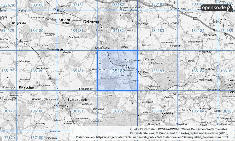 Übersichtskarte des KOSTRA-DWD-2020-Rasterfeldes Nr. 135182