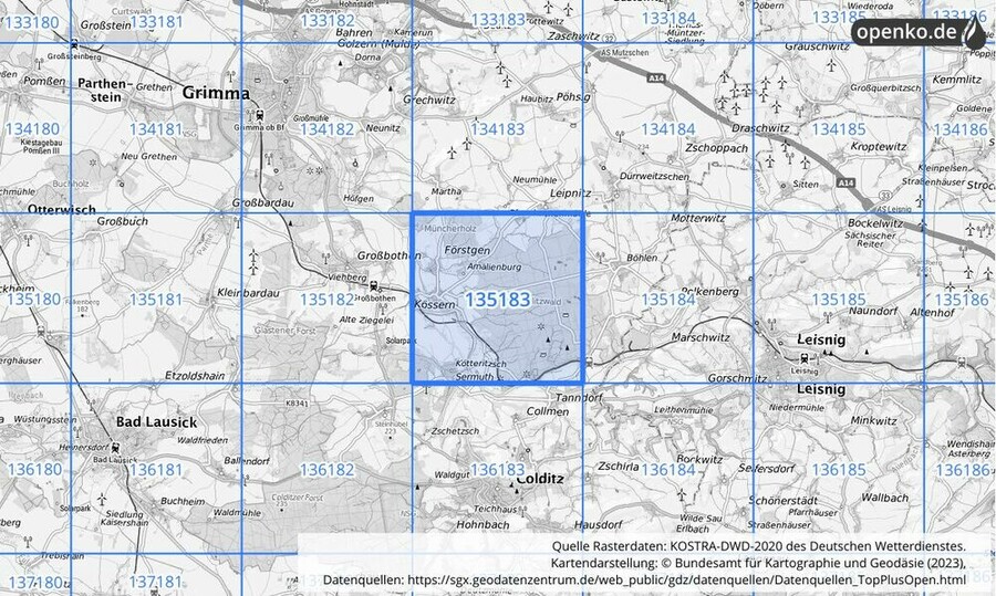 Übersichtskarte des KOSTRA-DWD-2020-Rasterfeldes Nr. 135183