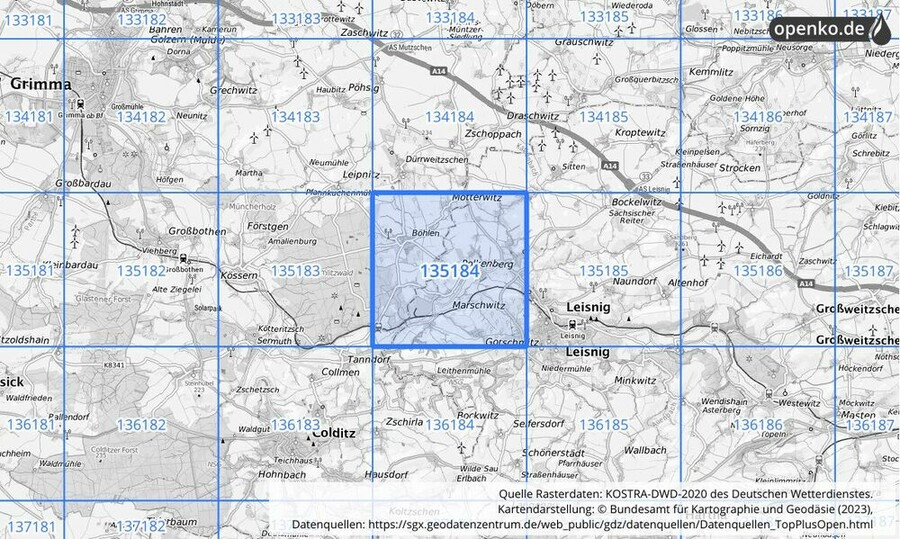 Übersichtskarte des KOSTRA-DWD-2020-Rasterfeldes Nr. 135184