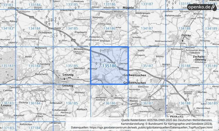 Übersichtskarte des KOSTRA-DWD-2020-Rasterfeldes Nr. 135186