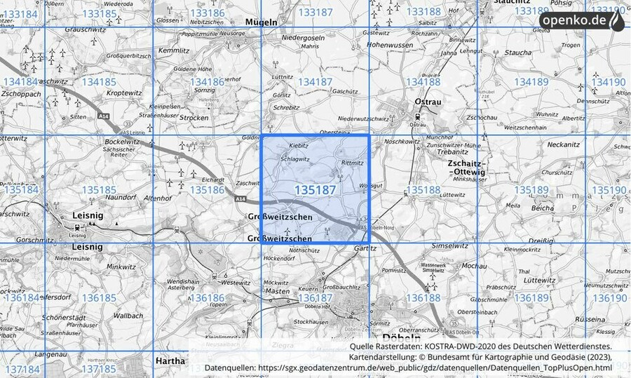 Übersichtskarte des KOSTRA-DWD-2020-Rasterfeldes Nr. 135187