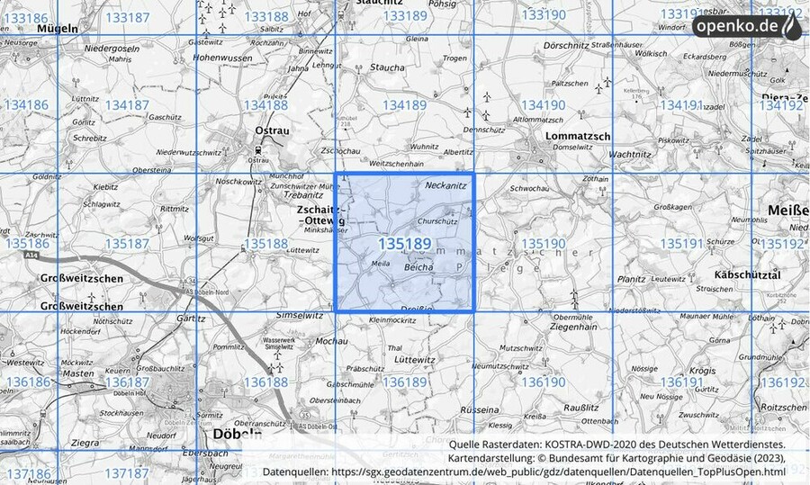 Übersichtskarte des KOSTRA-DWD-2020-Rasterfeldes Nr. 135189