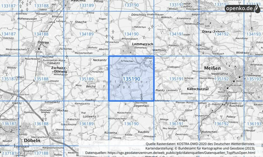 Übersichtskarte des KOSTRA-DWD-2020-Rasterfeldes Nr. 135190