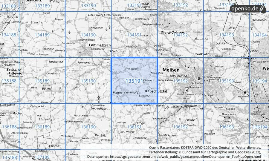 Übersichtskarte des KOSTRA-DWD-2020-Rasterfeldes Nr. 135191