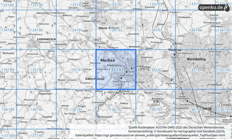 Übersichtskarte des KOSTRA-DWD-2020-Rasterfeldes Nr. 135192