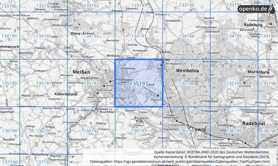 Übersichtskarte des KOSTRA-DWD-2020-Rasterfeldes Nr. 135193