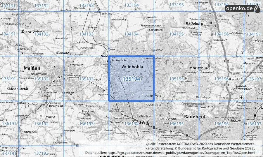 Übersichtskarte des KOSTRA-DWD-2020-Rasterfeldes Nr. 135194