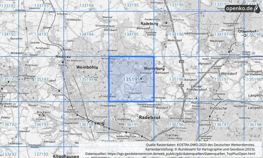 Übersichtskarte des KOSTRA-DWD-2020-Rasterfeldes Nr. 135195