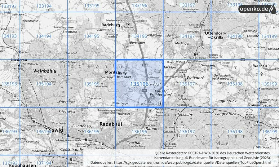 Übersichtskarte des KOSTRA-DWD-2020-Rasterfeldes Nr. 135196