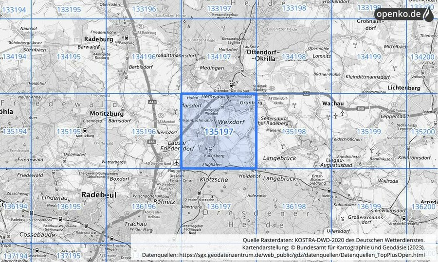 Übersichtskarte des KOSTRA-DWD-2020-Rasterfeldes Nr. 135197