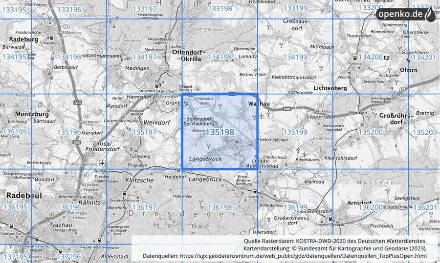 Übersichtskarte des KOSTRA-DWD-2020-Rasterfeldes Nr. 135198