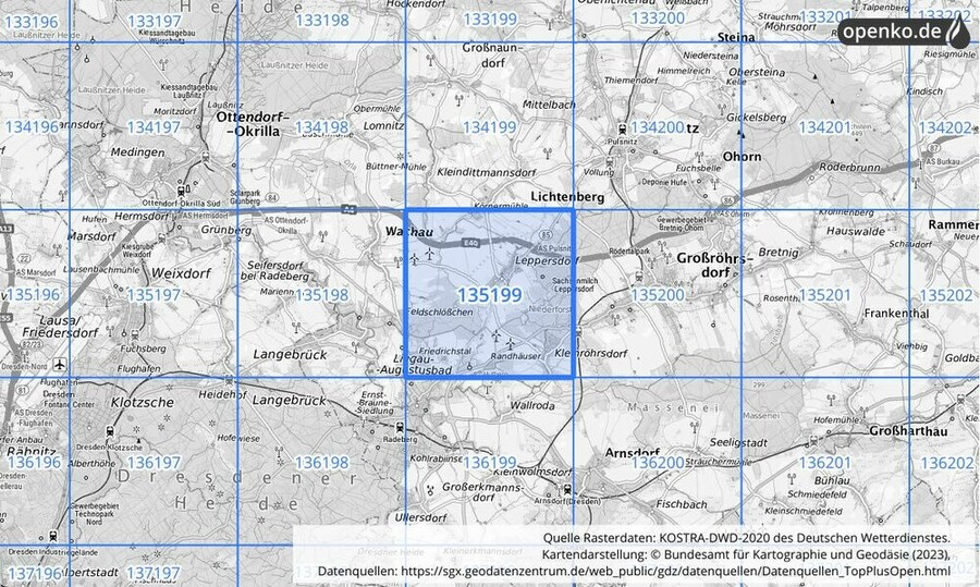 Übersichtskarte des KOSTRA-DWD-2020-Rasterfeldes Nr. 135199