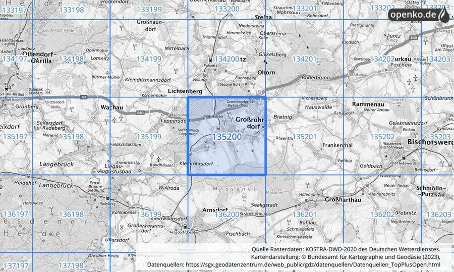 Übersichtskarte des KOSTRA-DWD-2020-Rasterfeldes Nr. 135200