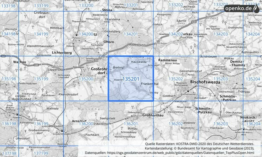 Übersichtskarte des KOSTRA-DWD-2020-Rasterfeldes Nr. 135201