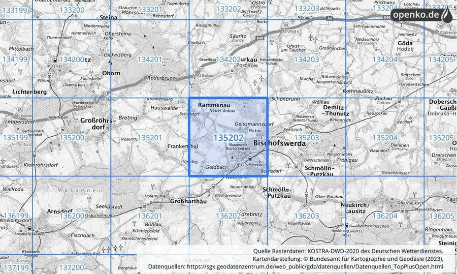 Übersichtskarte des KOSTRA-DWD-2020-Rasterfeldes Nr. 135202