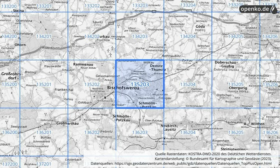 Übersichtskarte des KOSTRA-DWD-2020-Rasterfeldes Nr. 135203