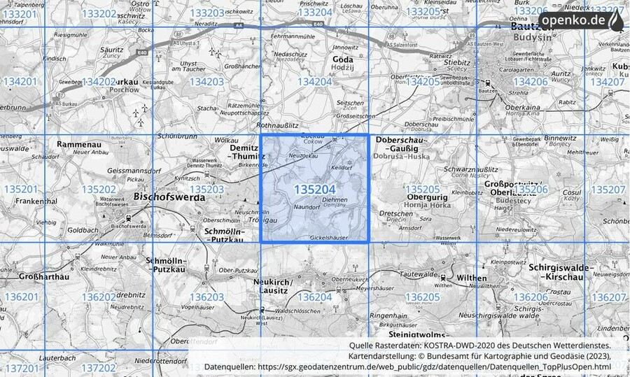 Übersichtskarte des KOSTRA-DWD-2020-Rasterfeldes Nr. 135204