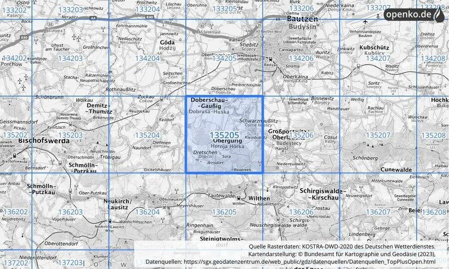 Übersichtskarte des KOSTRA-DWD-2020-Rasterfeldes Nr. 135205