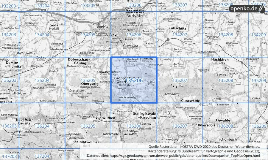 Übersichtskarte des KOSTRA-DWD-2020-Rasterfeldes Nr. 135206