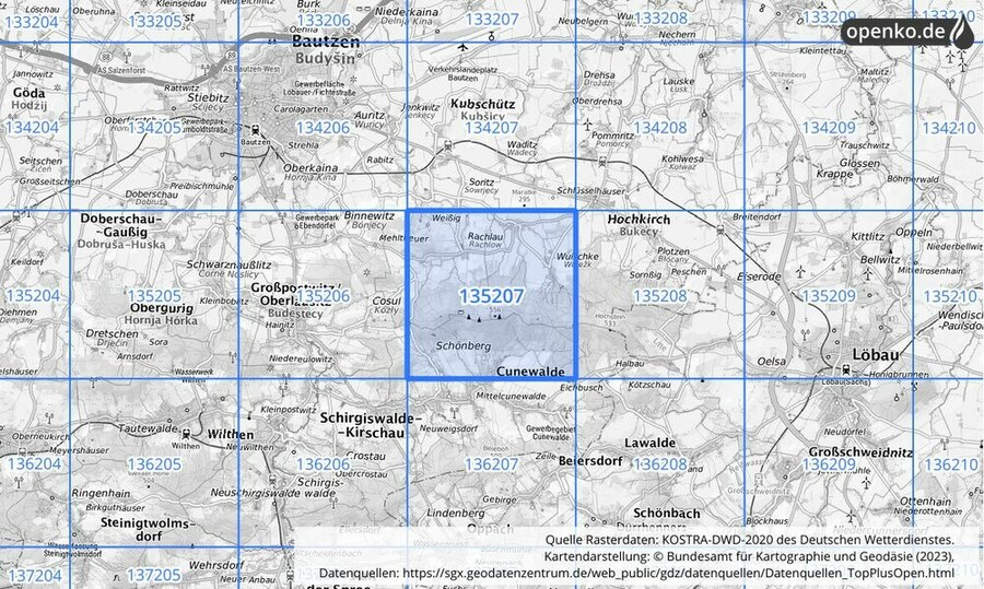 Übersichtskarte des KOSTRA-DWD-2020-Rasterfeldes Nr. 135207