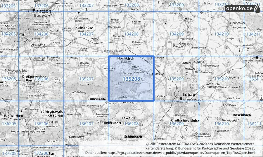 Übersichtskarte des KOSTRA-DWD-2020-Rasterfeldes Nr. 135208