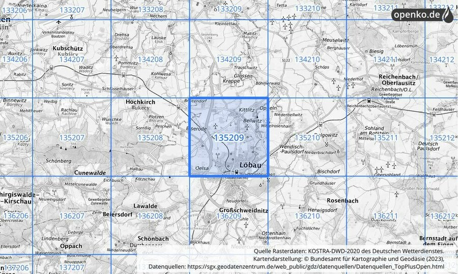 Übersichtskarte des KOSTRA-DWD-2020-Rasterfeldes Nr. 135209