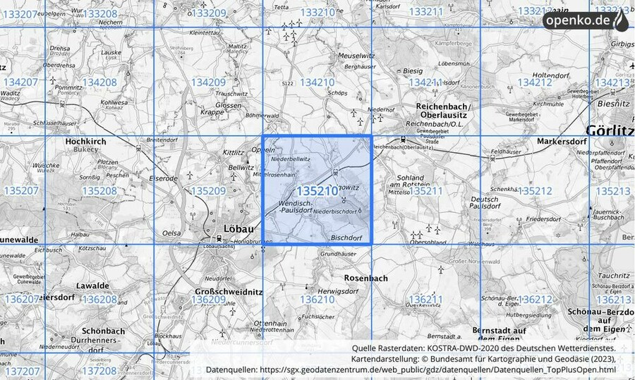 Übersichtskarte des KOSTRA-DWD-2020-Rasterfeldes Nr. 135210