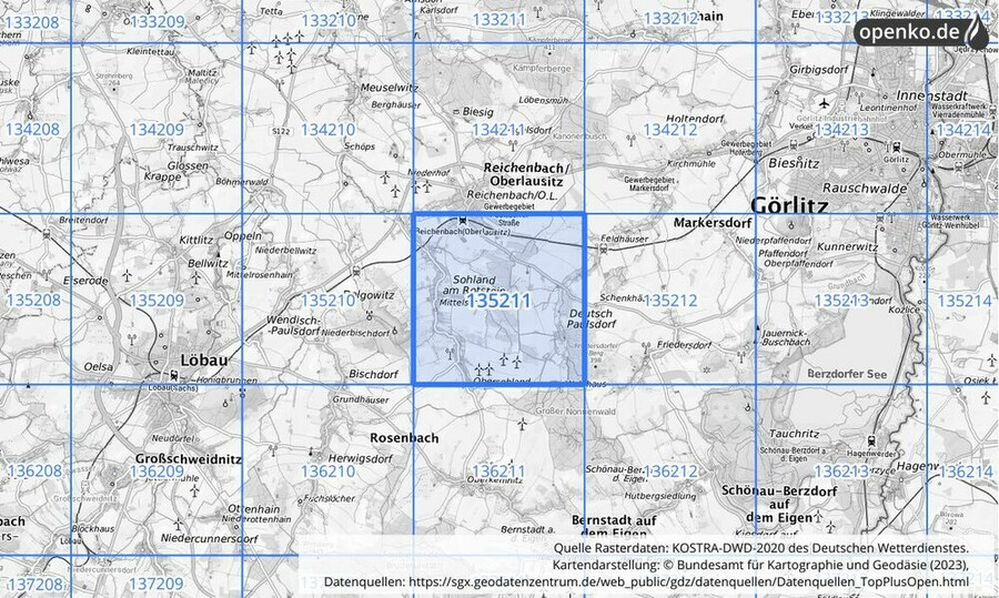 Übersichtskarte des KOSTRA-DWD-2020-Rasterfeldes Nr. 135211