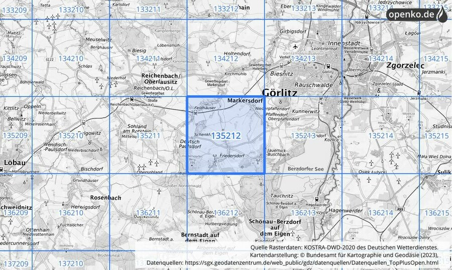 Übersichtskarte des KOSTRA-DWD-2020-Rasterfeldes Nr. 135212