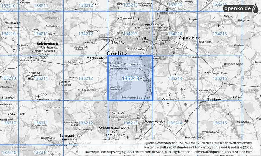 Übersichtskarte des KOSTRA-DWD-2020-Rasterfeldes Nr. 135213